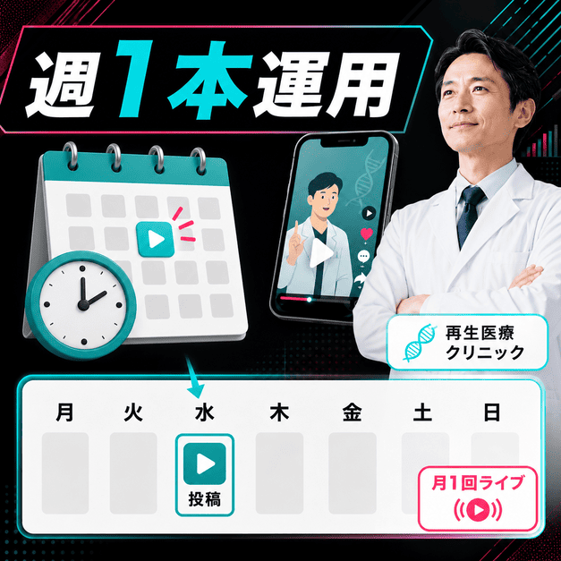 再生医療クリニックが週1本以下の投稿頻度と月1回ライブで誠実に運用する様子のイラスト