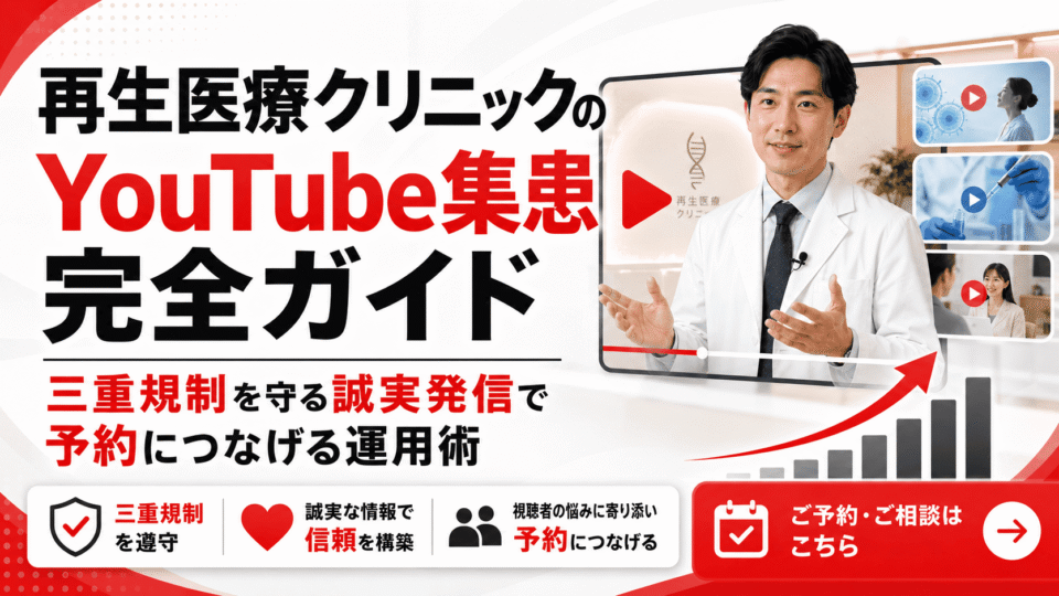 再生医療クリニックのYouTube集患で、三重規制を守りながら誠実発信で予約につなげる運用を表したイメージ