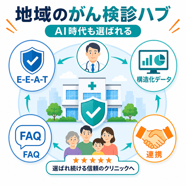 E-E-A-T・構造化データ・FAQ・医療連携を統合し、AI時代も選ばれる地域のがん検診ハブを目指す総まとめ図