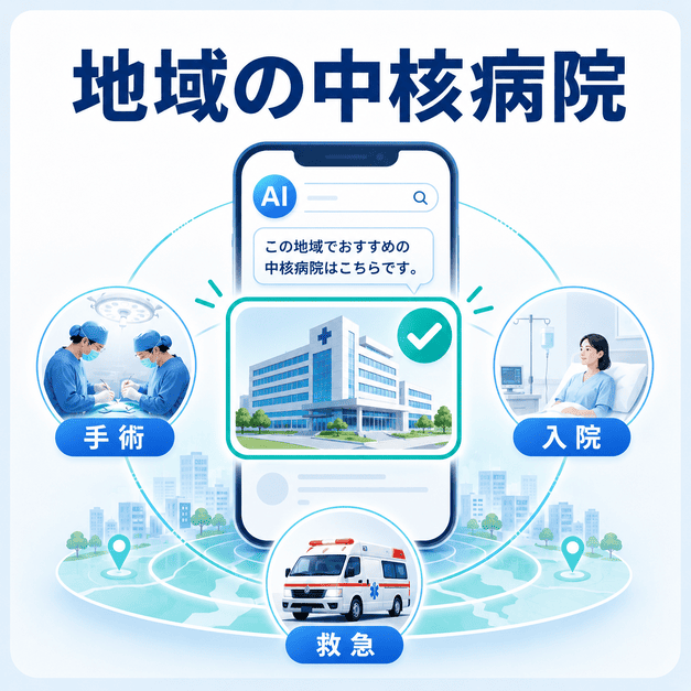 AI検索で地域の中核病院として認識されるために、手術・入院・救急の強みを示した図解