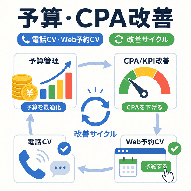 リハビリテーション科広告の予算管理と電話CV・Web予約CVを改善するサイクルを示したイラスト