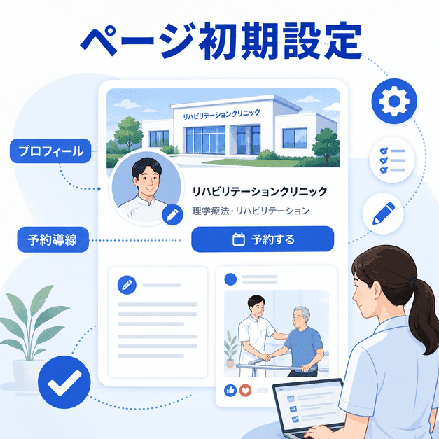リハビリテーション科クリニックのFacebookビジネスページでプロフィールや予約導線を設定する様子