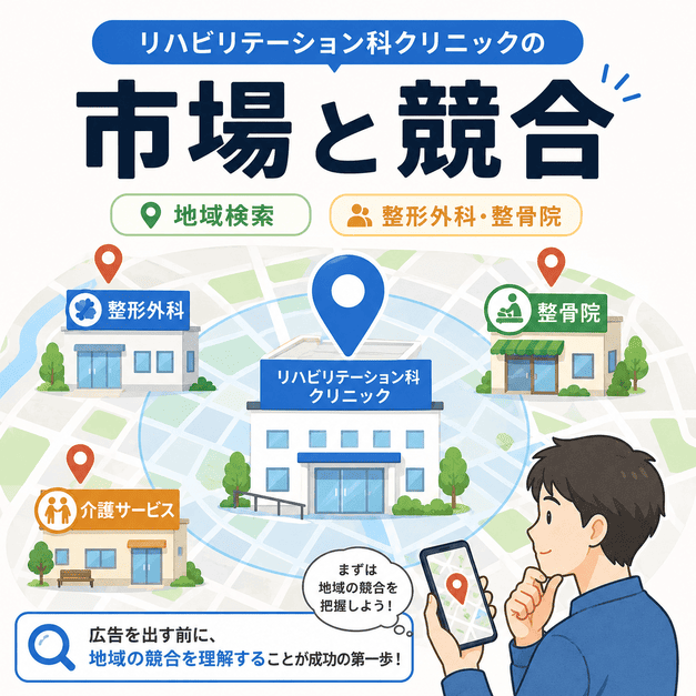 リハビリテーション科クリニックが地域検索で整形外科や整骨院などの競合を把握する様子を示したイラスト