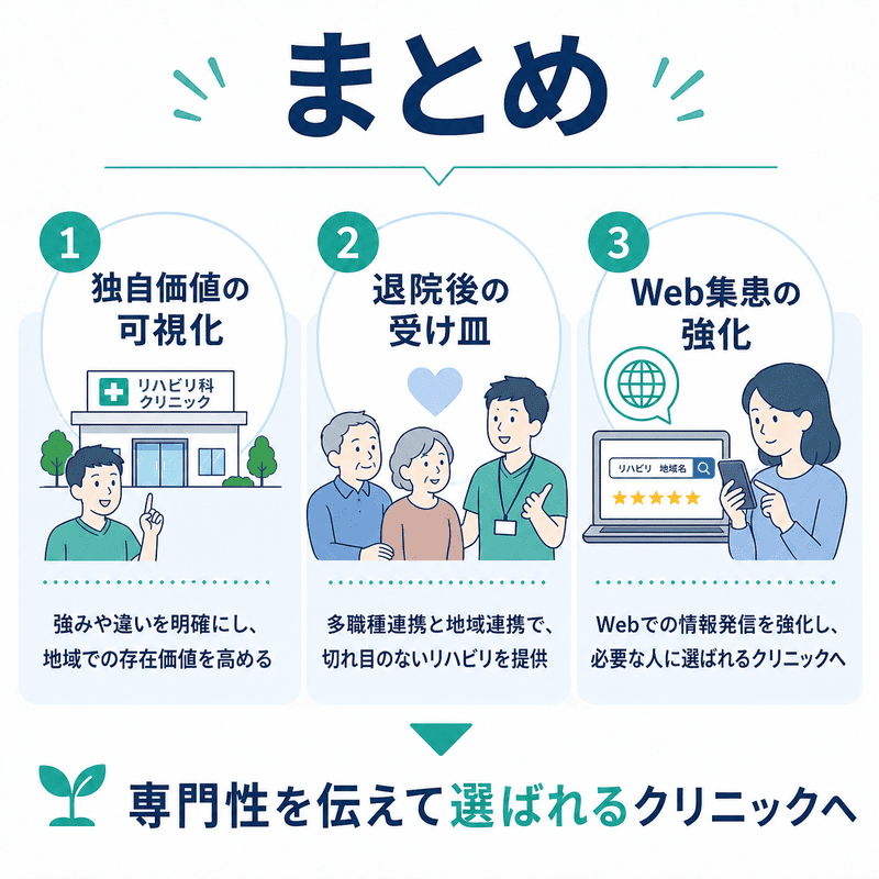 リハビリ科クリニックのSEO対策で重要な独自価値の可視化と退院後の受け皿をまとめた図解