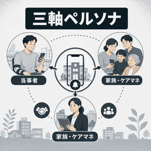 当事者、家族、ケアマネジャーの三軸に分けてリハビリテーション科クリニックのX配信を設計する図