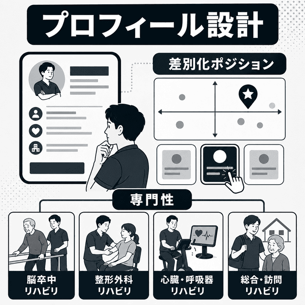 リハビリテーション科クリニックのXアカウント開設前にプロフィール設計と差別化ポジションを整理する様子