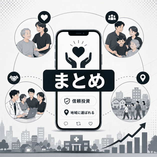 リハビリテーション科クリニックのX運用が当事者、家族、多職種、地域への信頼投資になることを示したまとめ図