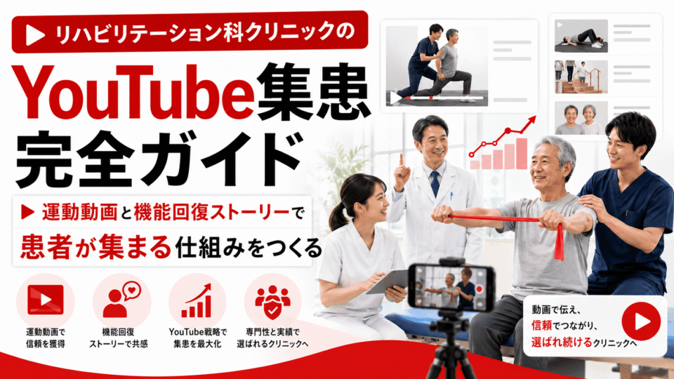 リハビリテーション科クリニックがYouTube動画を活用して運動指導や機能回復ストーリーを発信し集患につなげるイメージ