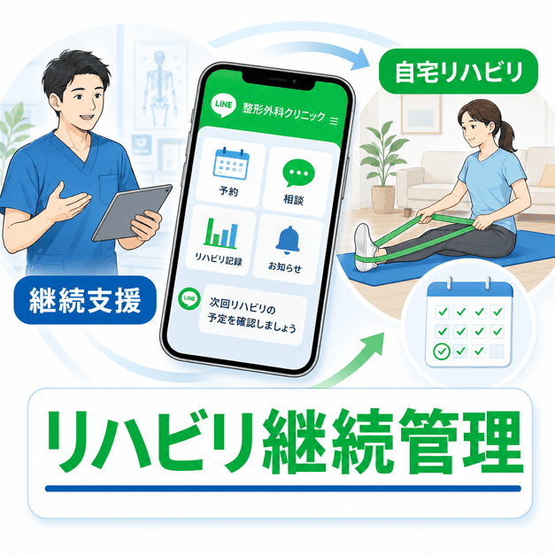 整形外科クリニックがLINEを使って自宅リハビリや通院後の継続支援を行う様子を示したイラスト