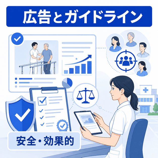 リハビリ科クリニックのFacebook広告を医療広告ガイドラインに沿って安全に確認する図解
