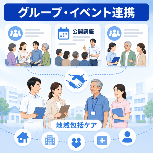 Facebookグループや公開講座イベントを通じて地域包括ケアと連携する様子