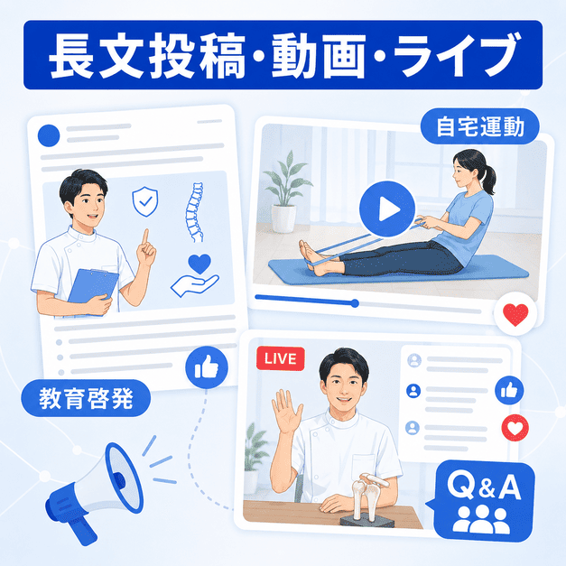 長文投稿・自宅運動動画・ライブ配信でリハビリ情報を教育啓発するイラスト
