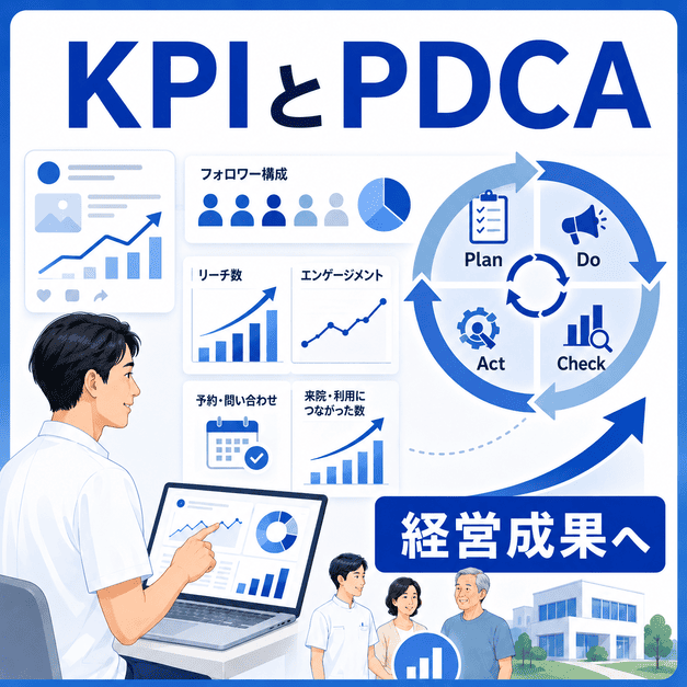 Facebook運用のKPIダッシュボードとPDCAサイクルで経営成果を改善するイラスト