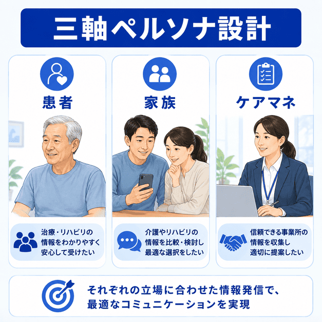 患者本人・家族介護者・ケアマネジャーの三軸ペルソナを分けて設計する図解