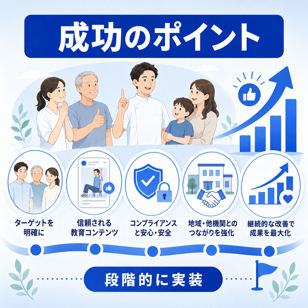 リハビリ科クリニックのFacebook集患を成功させるためのペルソナ設計・教育発信・安全管理・地域連携をまとめた図解