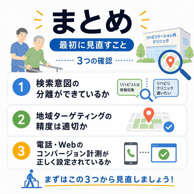 リハビリテーション科クリニックのGoogleリスティング広告で最初に見直すべき3つの確認項目を示したまとめイラスト