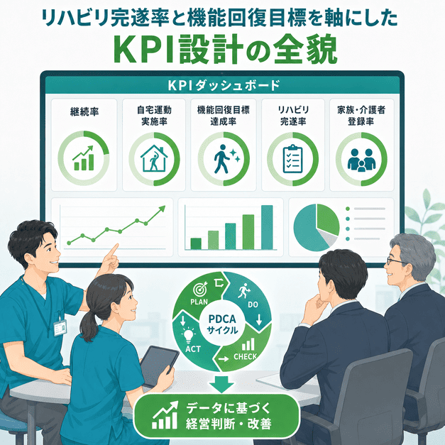 リハビリ完遂率、自宅運動実施率、機能回復目標達成率をKPIダッシュボードで確認する様子