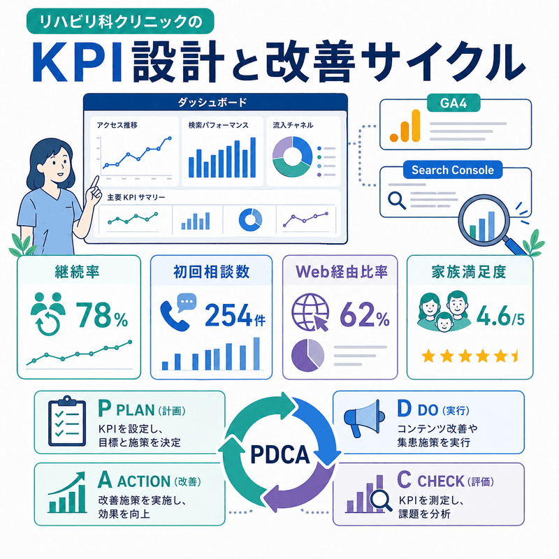 リハビリ科クリニックのSEO効果を測るKPI設計とPDCA改善サイクルを示した図解