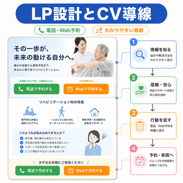 リハビリテーション科のLPで電話予約やWeb予約へ誘導するCV導線を示したイラスト