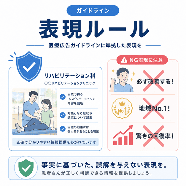 医療広告ガイドラインに沿ってリハビリ広告の表現ルールとNG表現を確認する様子を示したイラスト