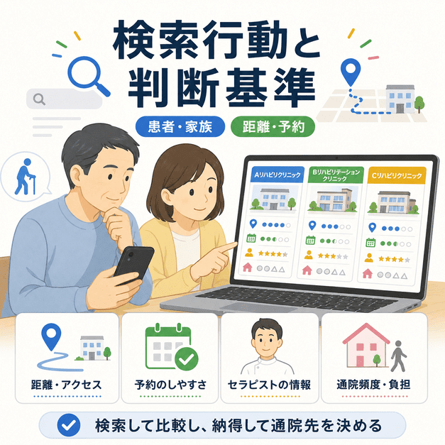 患者や家族が距離や予約のしやすさを比較してリハビリの通院先を選ぶ様子を示したイラスト