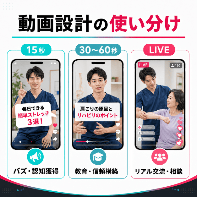 15秒動画、30〜60秒教育動画、TikTok LIVEを使い分けるリハビリ動画設計