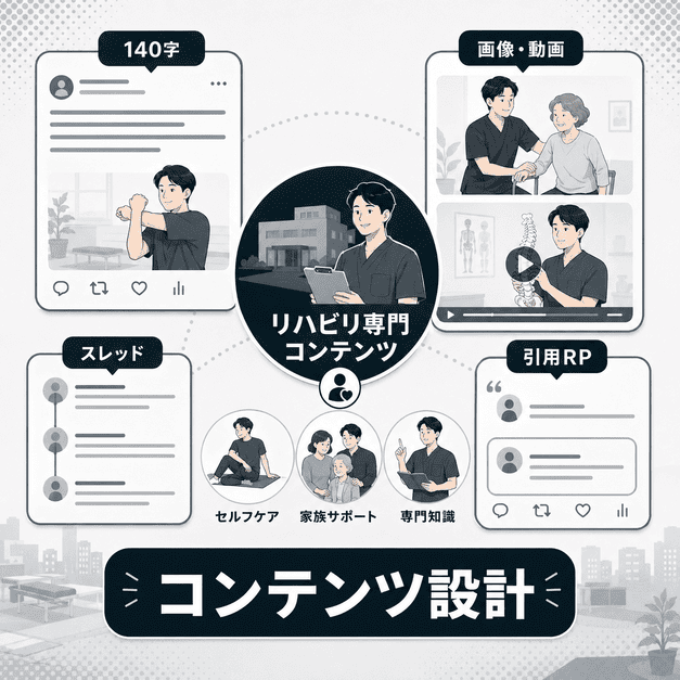 140字テキスト、画像、動画、スレッド、引用リポストを組み合わせたリハビリ専門コンテンツ設計
