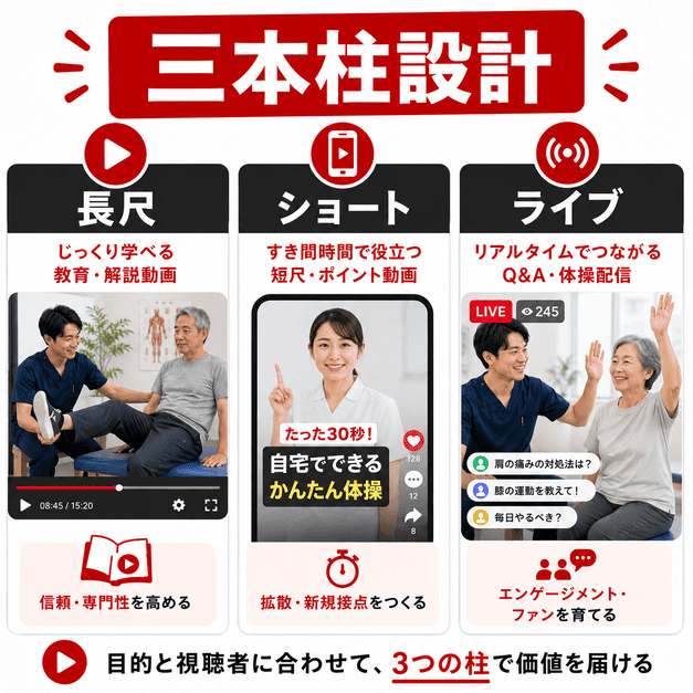 長尺動画、ショート動画、ライブ配信の三本柱でリハビリ科のYouTubeコンテンツを設計するイラスト