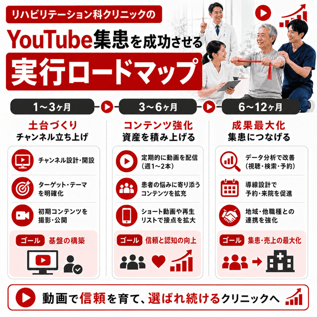 リハビリテーション科クリニックがYouTube集患を成功させるための段階的な実行ロードマップのイラスト