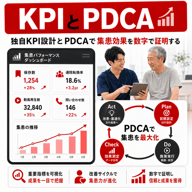 リハビリ科YouTube運用の保存数や通院転換率をKPIダッシュボードで可視化しPDCAを回すイラスト