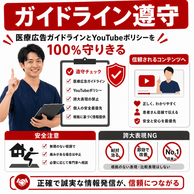 医療広告ガイドラインとYouTubeポリシーを守りながら安全で誠実なリハビリ動画を発信するイラスト