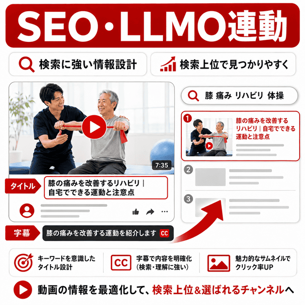 リハビリ動画のタイトル、字幕、サムネイルを最適化して検索上位表示を狙うSEO・LLMO連動のイラスト