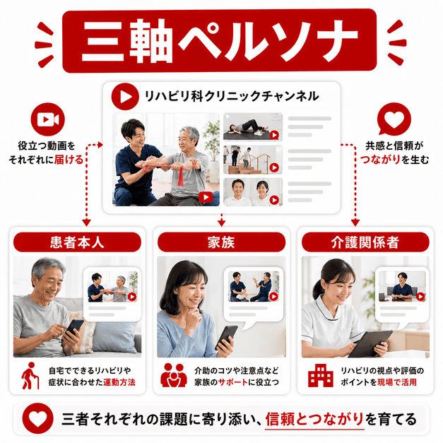 患者本人、家族、介護関係者の三者に向けてリハビリ動画を届ける三軸ペルソナ設計のイラスト
