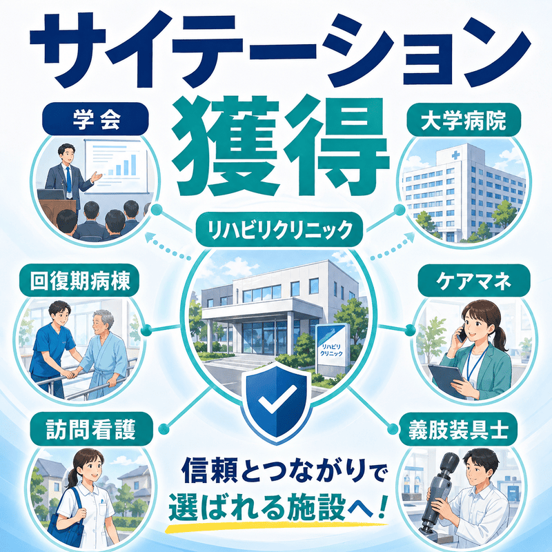学会・大学病院・回復期病棟・ケアマネ事業所とのつながりでサイテーションを獲得する図解