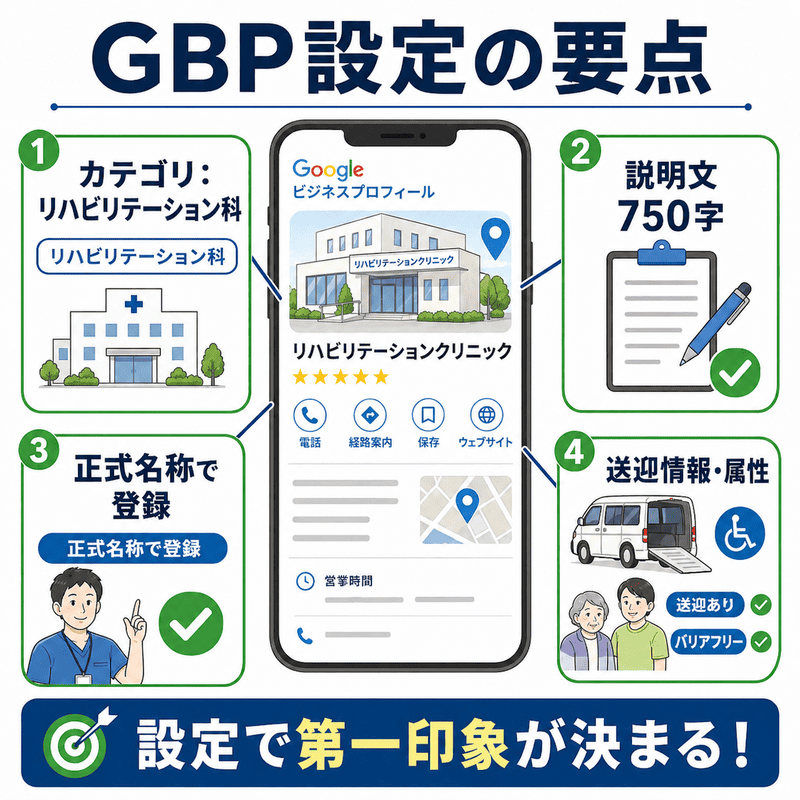 Googleビジネスプロフィールで設定すべきカテゴリ、説明文、正式名称、送迎情報や属性を整理した図