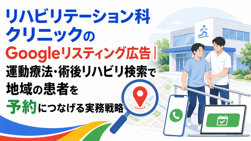 リハビリテーション科クリニックのGoogleリスティング広告で地域の患者を予約につなげる戦略を示したアイキャッチ画像