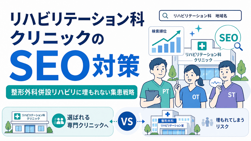リハビリテーション科クリニックのSEO対策と整形外科併設リハビリとの差別化を表したアイキャッチ画像