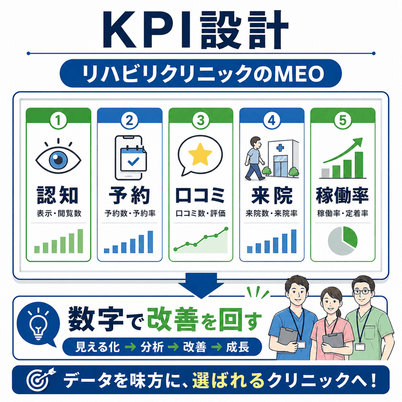 多職種、退院後受け皿、医療保険、機能回復を軸にリハビリ専門クリニックのMEO成功要因を整理した図