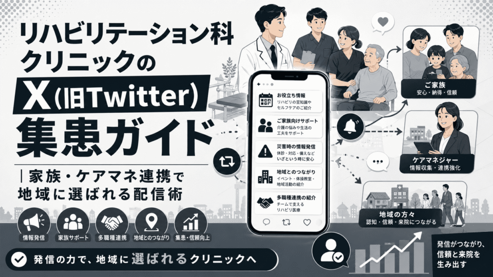 リハビリテーション科クリニックのX運用で家族やケアマネジャーと連携し、地域から選ばれる配信設計を表したイメージ