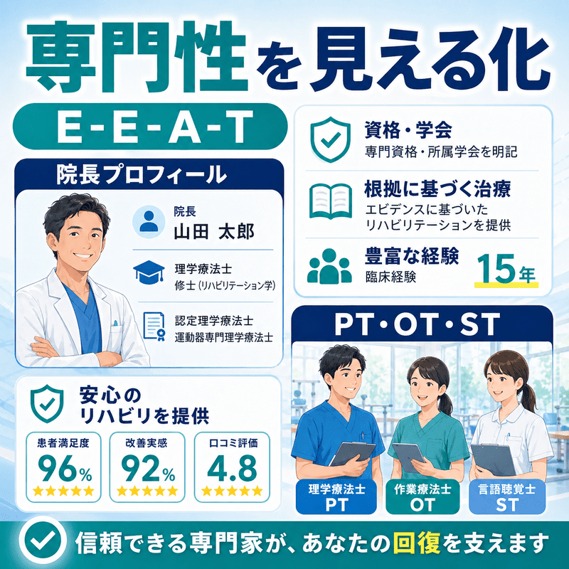 リハビリテーション科の専門性や院長プロフィール、PT・OT・ST体制を見える化した図解