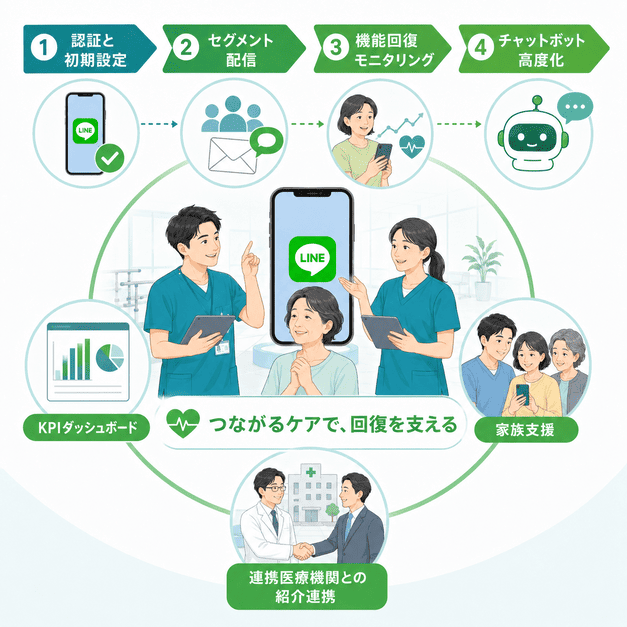 認証設定、セグメント配信、機能回復モニタリング、チャットボット、KPI管理までのLINE運用全体像