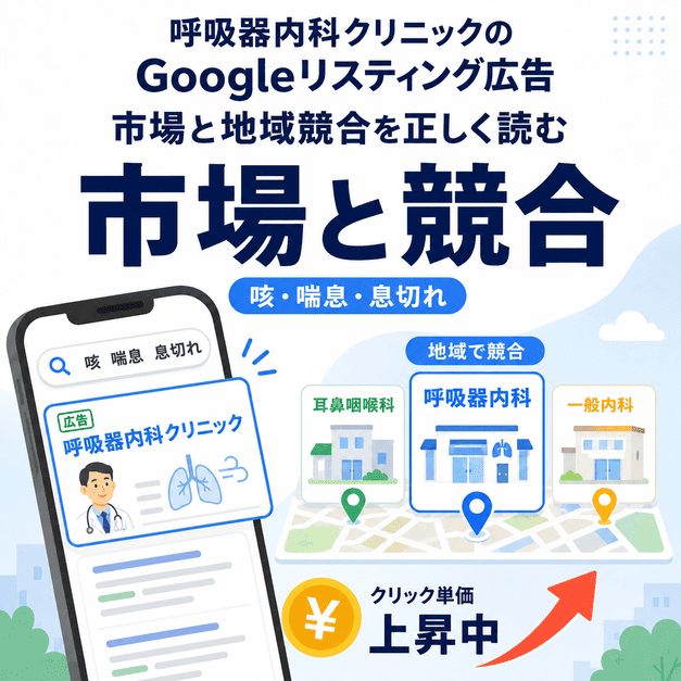 呼吸器内科クリニックが咳・喘息・息切れ検索の市場と地域競合を確認している図解