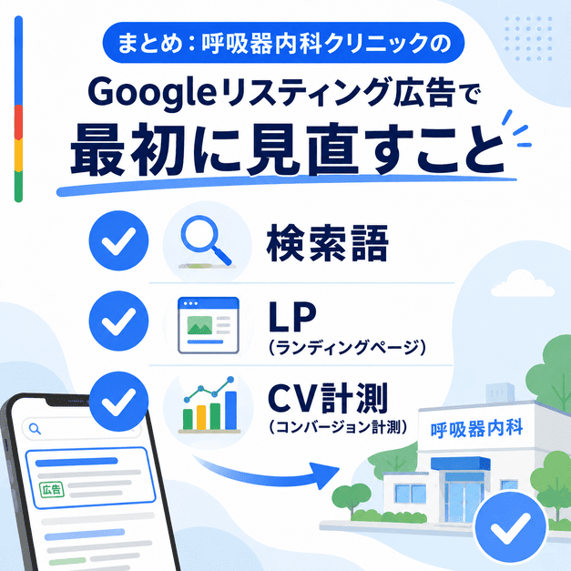 呼吸器内科クリニックのGoogleリスティング広告で最初に見直す検索語・LP・CV計測のチェックリスト