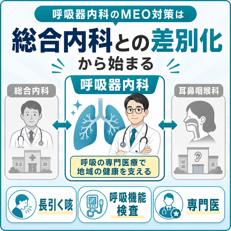 呼吸器内科が総合内科や耳鼻咽喉科と差別化し、長引く咳や呼吸機能検査を強みとして打ち出す図
