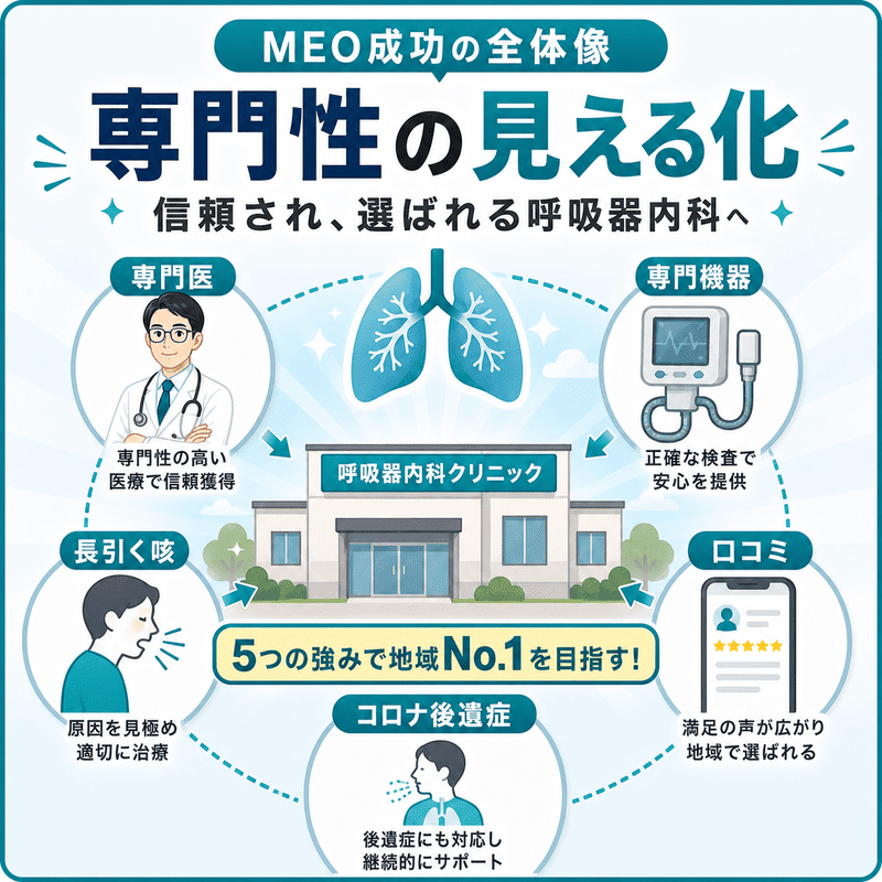 呼吸器専門医、専門機器、長引く咳、口コミ、コロナ後遺症対応など専門性の見える化をまとめた図