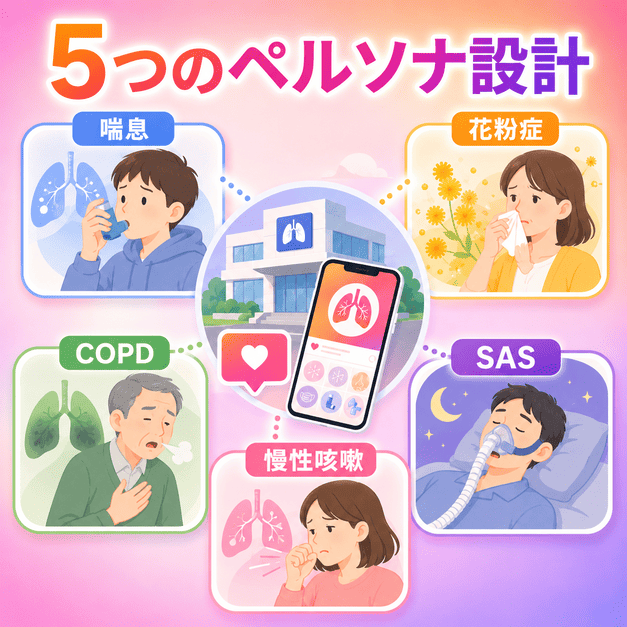 喘息・花粉症・COPD・SAS・慢性咳嗽の5つの患者ペルソナを分けて設計する様子を表したイラスト