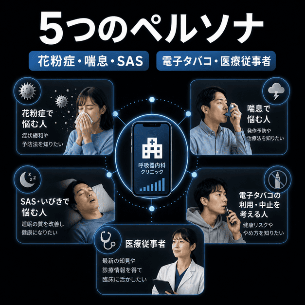 花粉症、喘息、SAS、電子タバコ、医療従事者の5つのペルソナを分類して配信設計する様子