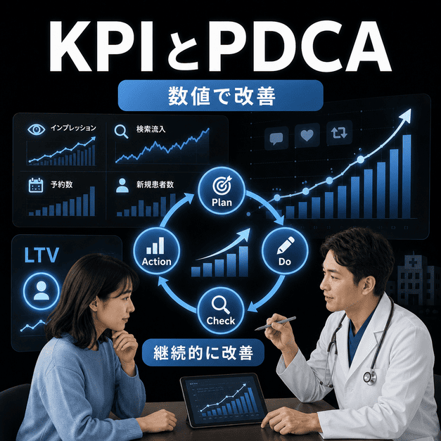 呼吸器内科クリニックがKPIとPDCAサイクルを使い、X運用を数値で継続改善する様子