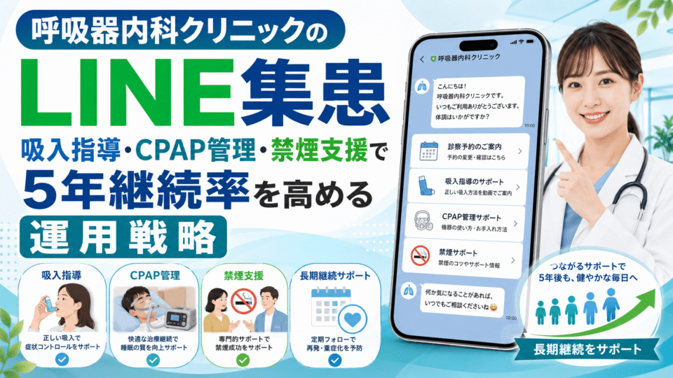 呼吸器内科クリニックのLINE集患で吸入指導やCPAP管理、禁煙支援を通じて長期継続率を高める運用戦略を表したアイキャッチ画像
