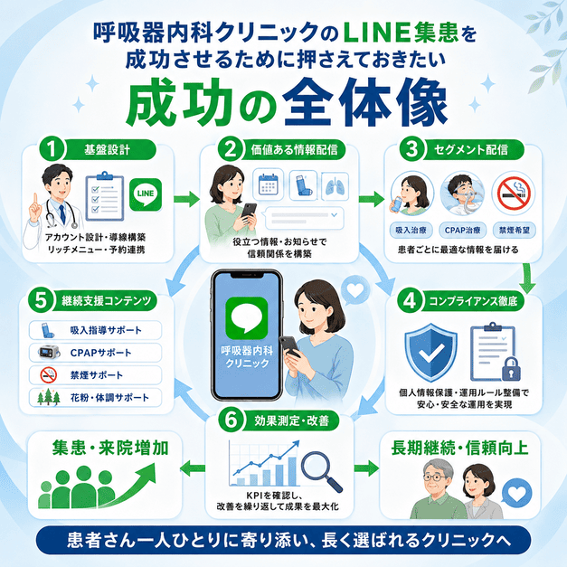 呼吸器内科クリニックのLINE集患を成功させるための基盤設計、継続支援、改善サイクルの全体像を示したイラスト